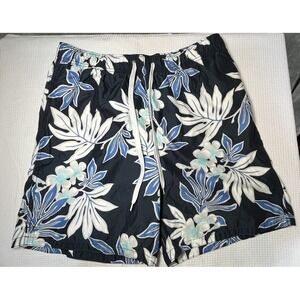 Merona men blue L swim suit trunks shorts floral tropical mesh lined elastic